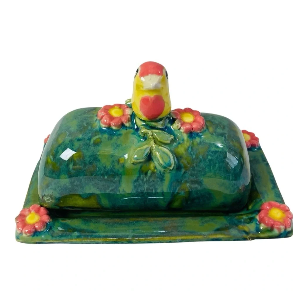 Handmade Ceramic Butter Dish W/ Whimsical Bird And Flower Motif Lid Signed